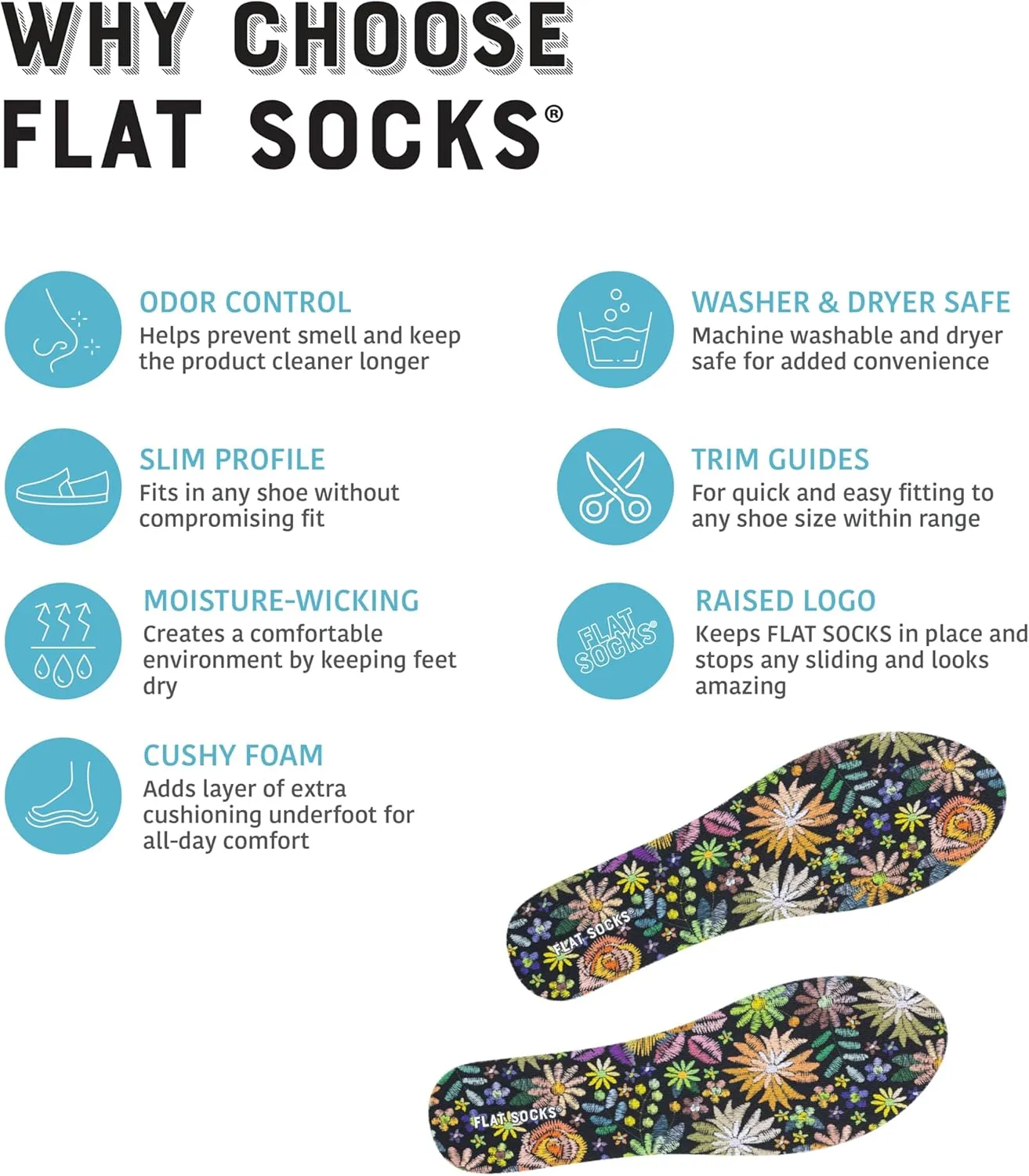 FLAT SOCKS Womens No Show Socks, Sockless Shoe Liner, No Slipping, No Stinking, Washable Barefoot Shoe Insert, Floral Print