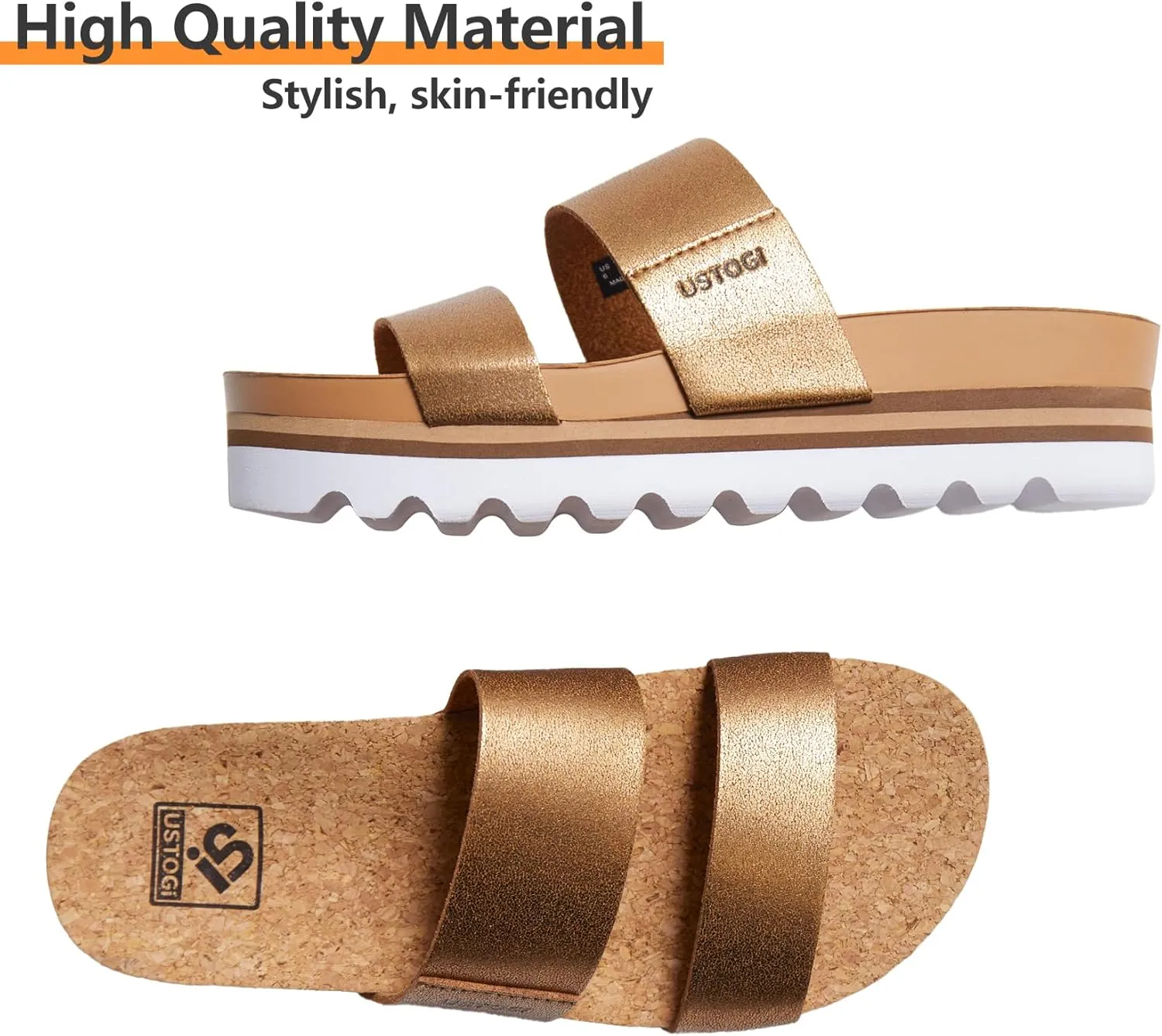 Flatform Platform Sandals Women Arch Support Beach Slides Orthotic Summer Causal Cork Footbed Adjustable Lightweight Thick Sole Comfortable Fashion Slip on Cushion Cute 2 Strap