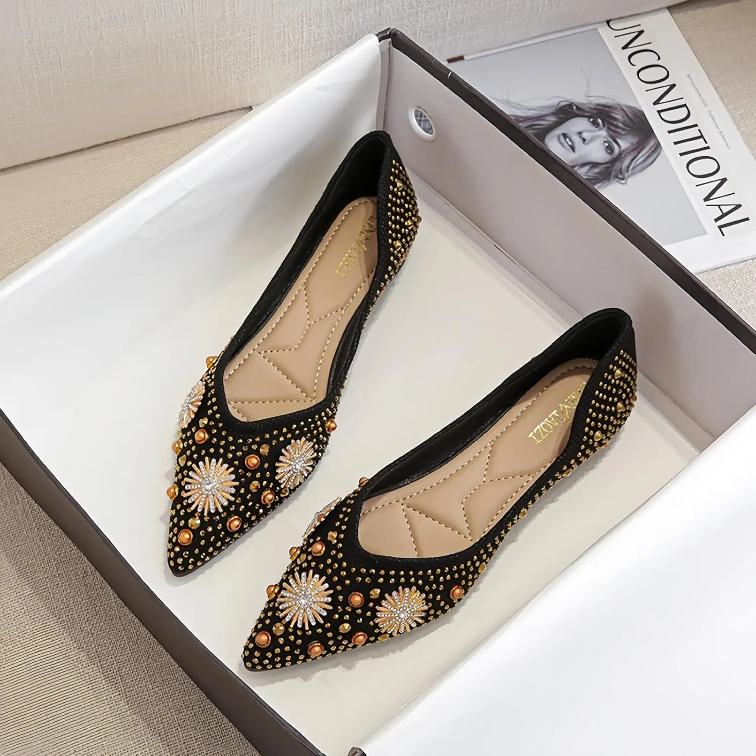 Flats Shoes Women Rhinestone Pointed Head Ballet Flats Comfortable Soft Memory Foam Dress Shoes Sparkle Flats for Women