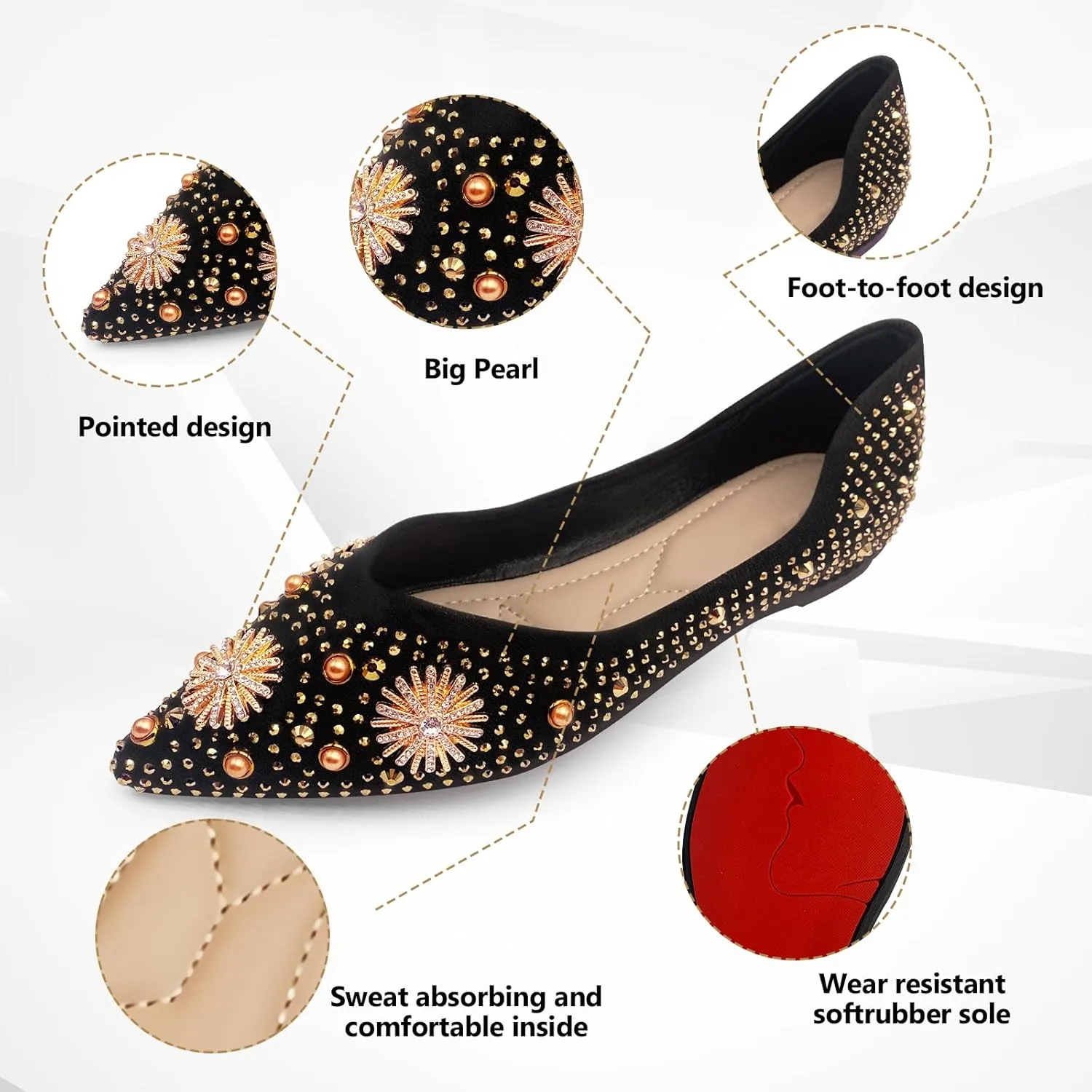 Flats Shoes Women Rhinestone Pointed Head Ballet Flats Comfortable Soft Memory Foam Dress Shoes Sparkle Flats for Women