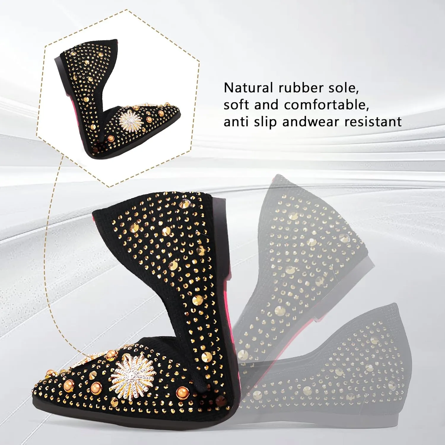 Flats Shoes Women Rhinestone Pointed Head Ballet Flats Comfortable Soft Memory Foam Dress Shoes Sparkle Flats for Women
