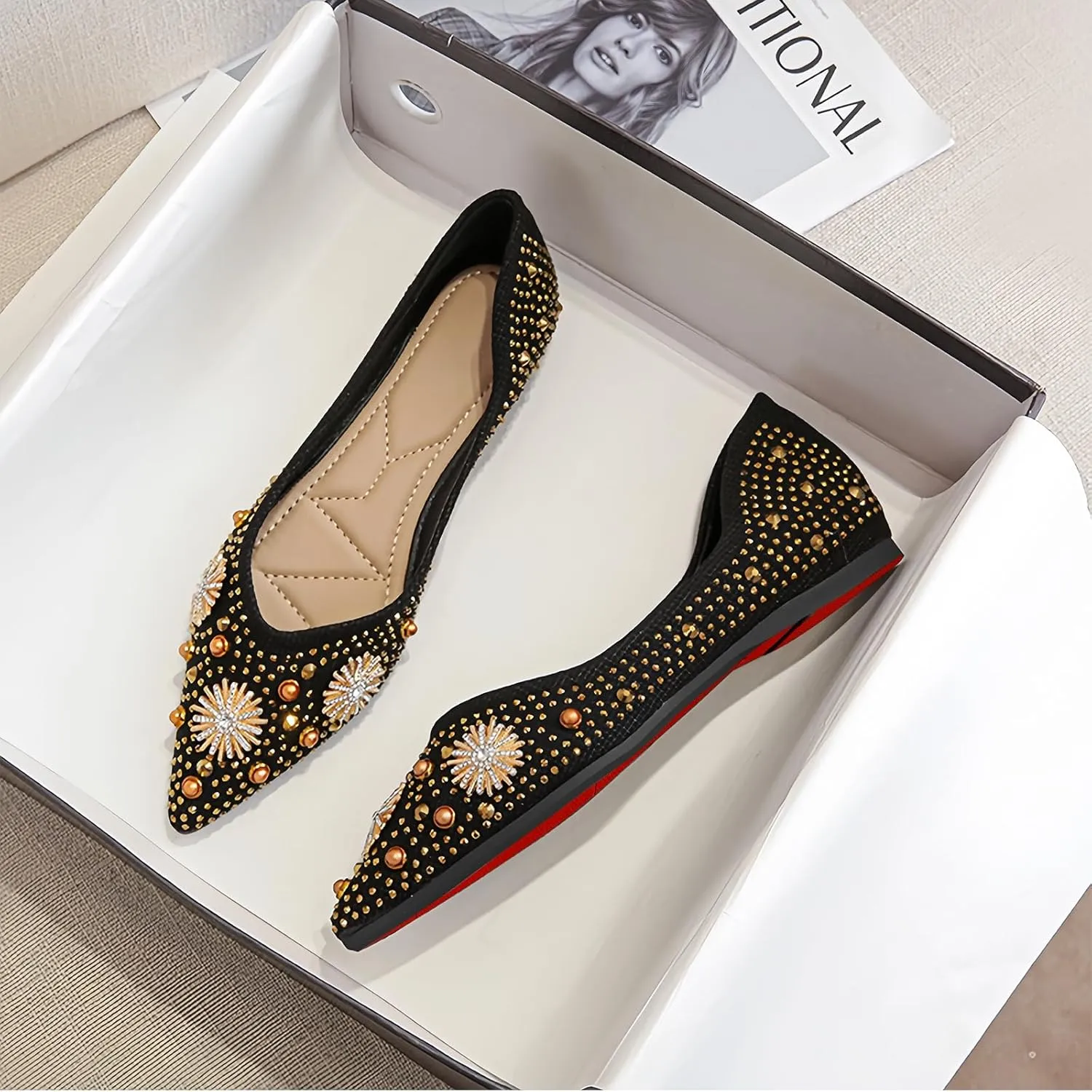 Flats Shoes Women Rhinestone Pointed Head Ballet Flats Comfortable Soft Memory Foam Dress Shoes Sparkle Flats for Women
