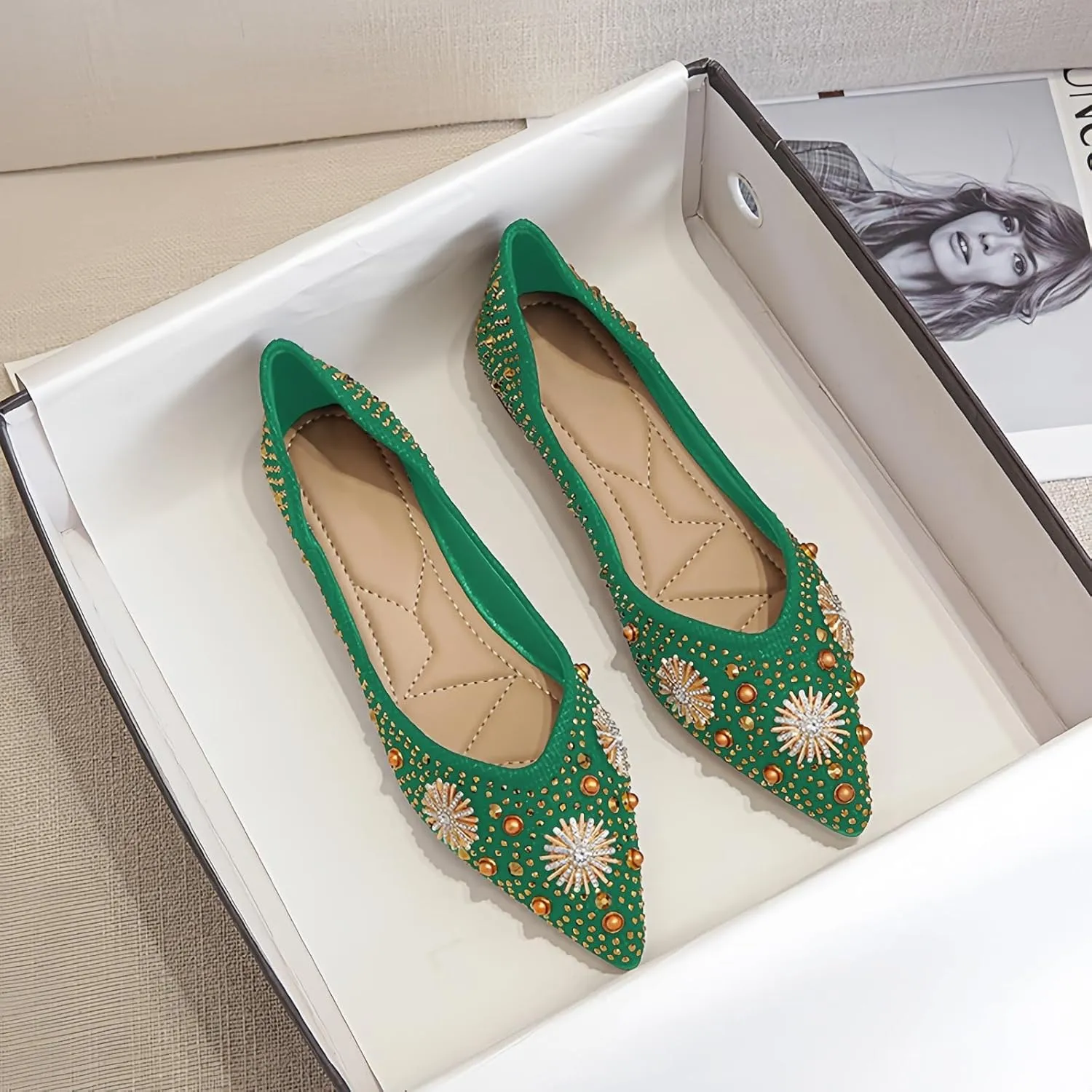 Flats Shoes Women Rhinestone Pointed Head Ballet Flats Comfortable Soft Memory Foam Dress Shoes Sparkle Flats for Women