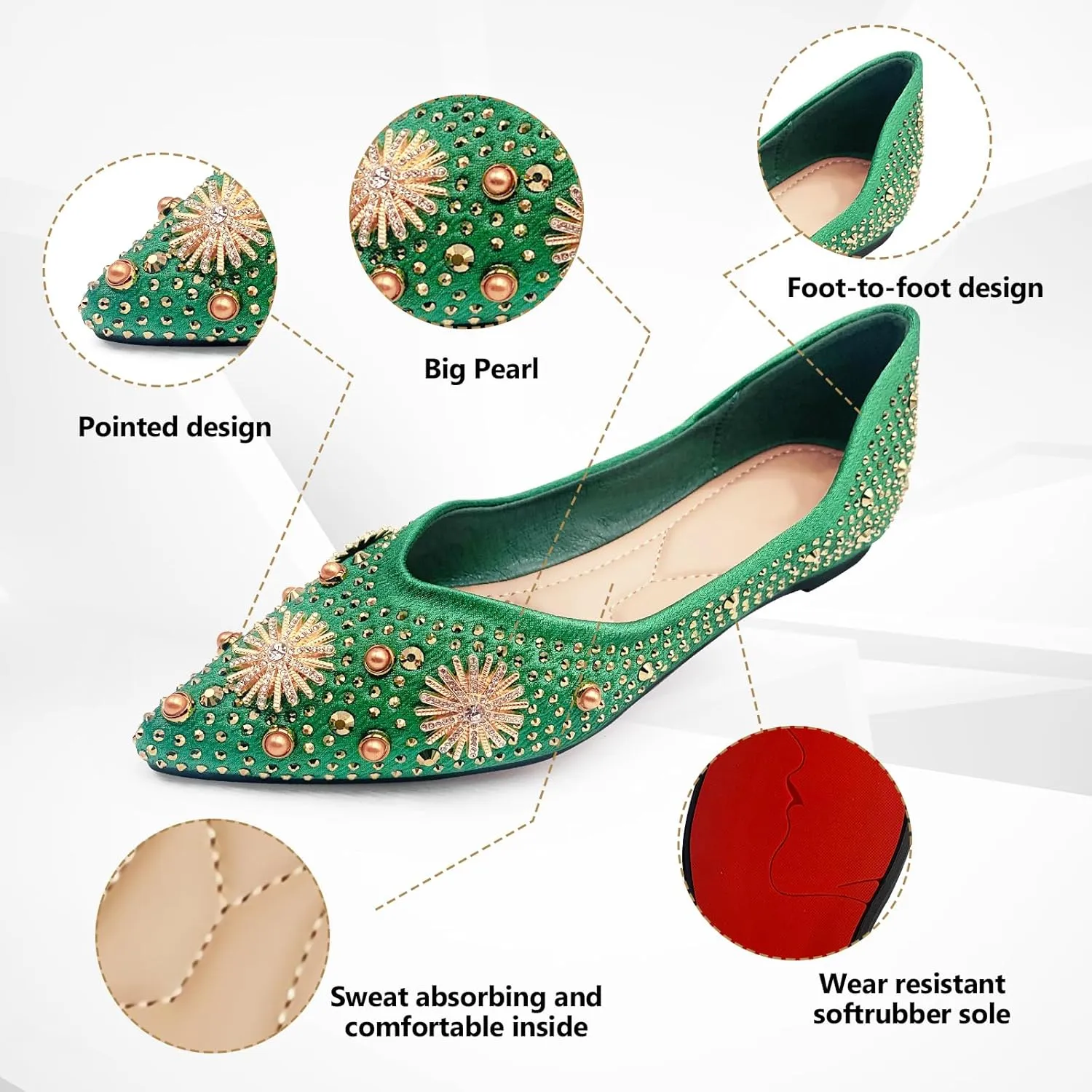 Flats Shoes Women Rhinestone Pointed Head Ballet Flats Comfortable Soft Memory Foam Dress Shoes Sparkle Flats for Women