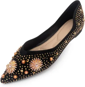 Flats Shoes Women Rhinestone Pointed Head Ballet Flats Comfortable Soft Memory Foam Dress Shoes Sparkle Flats for Women
