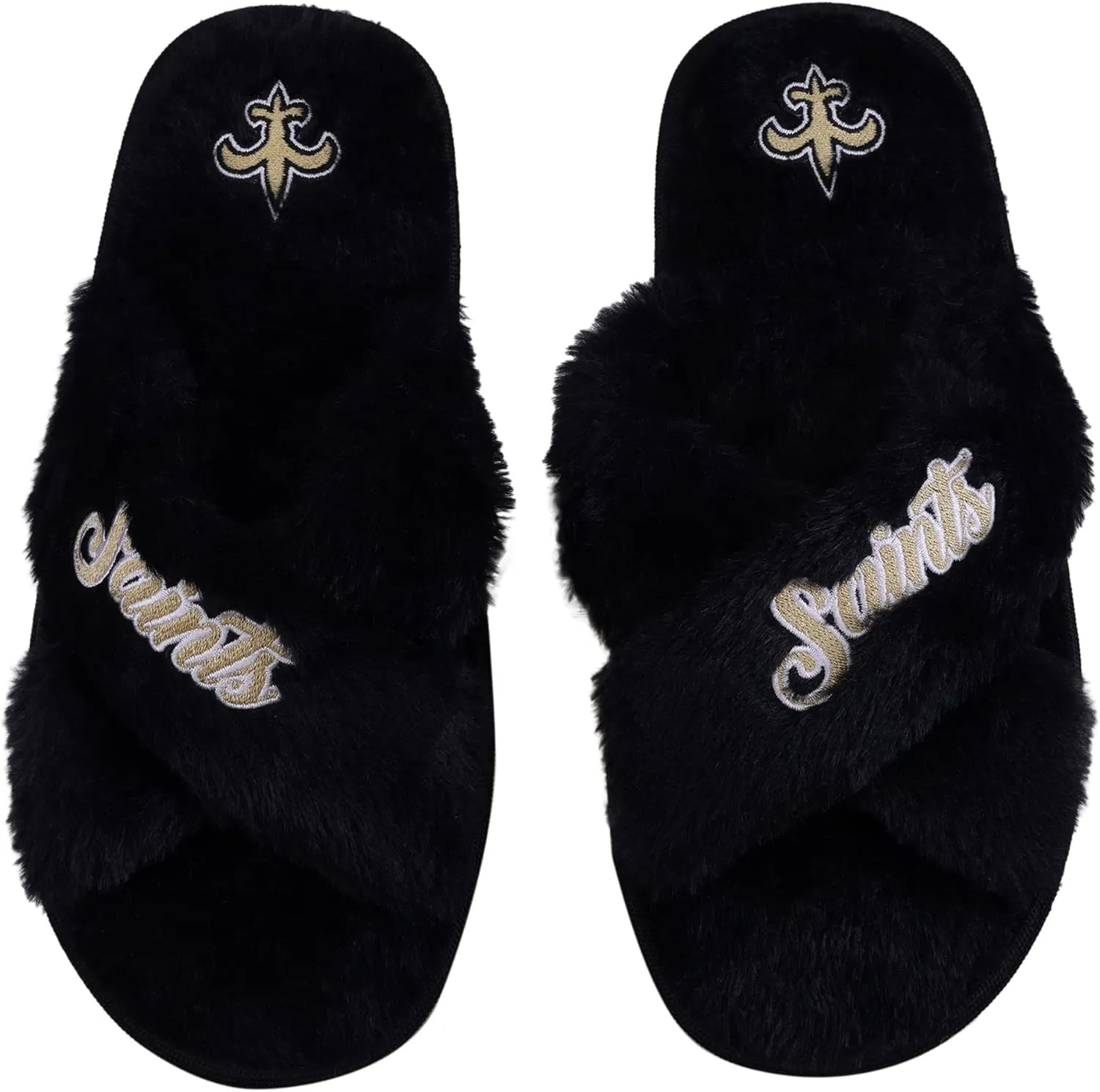 FOCO Womens NFL Team Script Wordmark Fuzzy Cross Slide Slippers