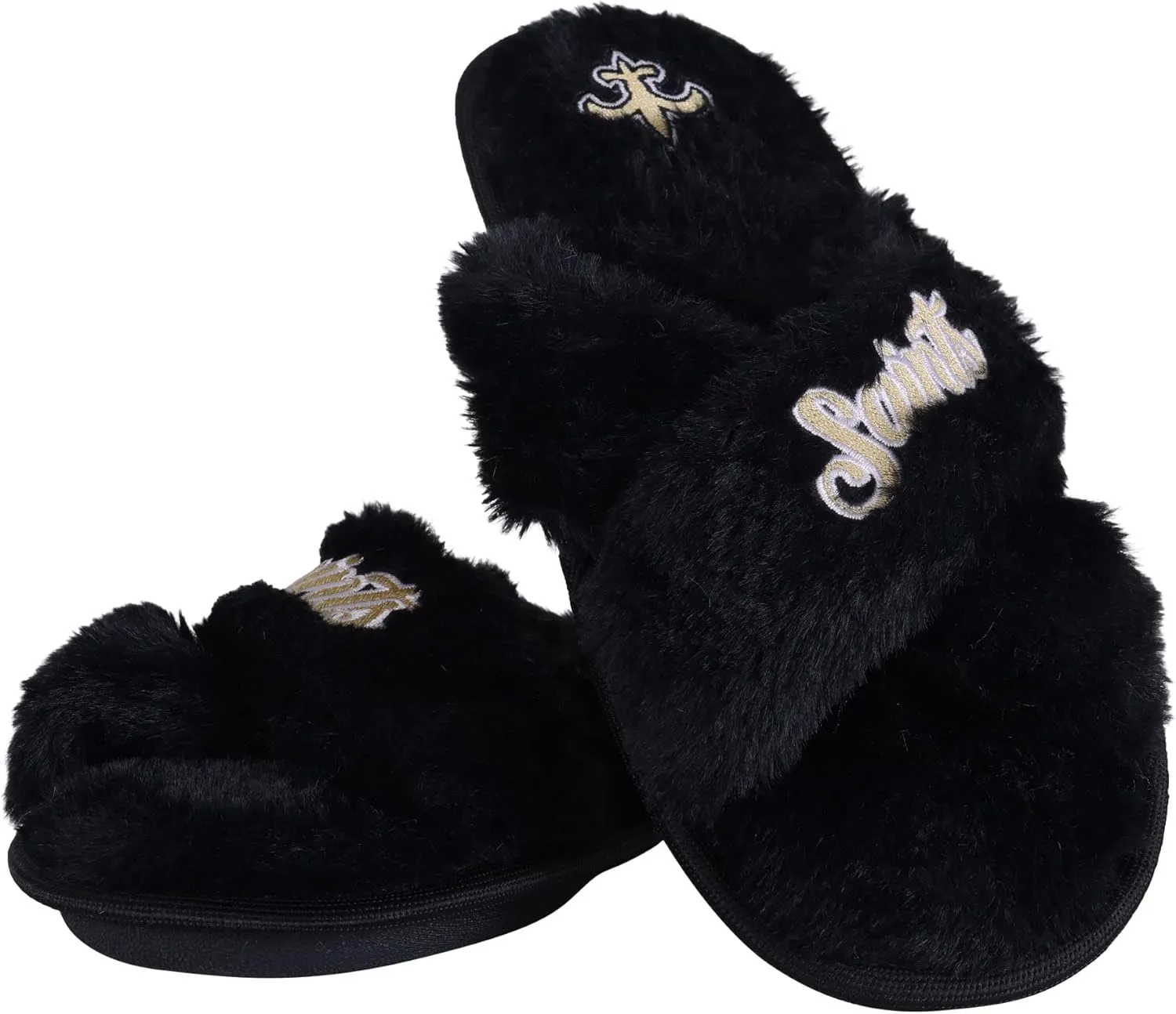 FOCO Womens NFL Team Script Wordmark Fuzzy Cross Slide Slippers