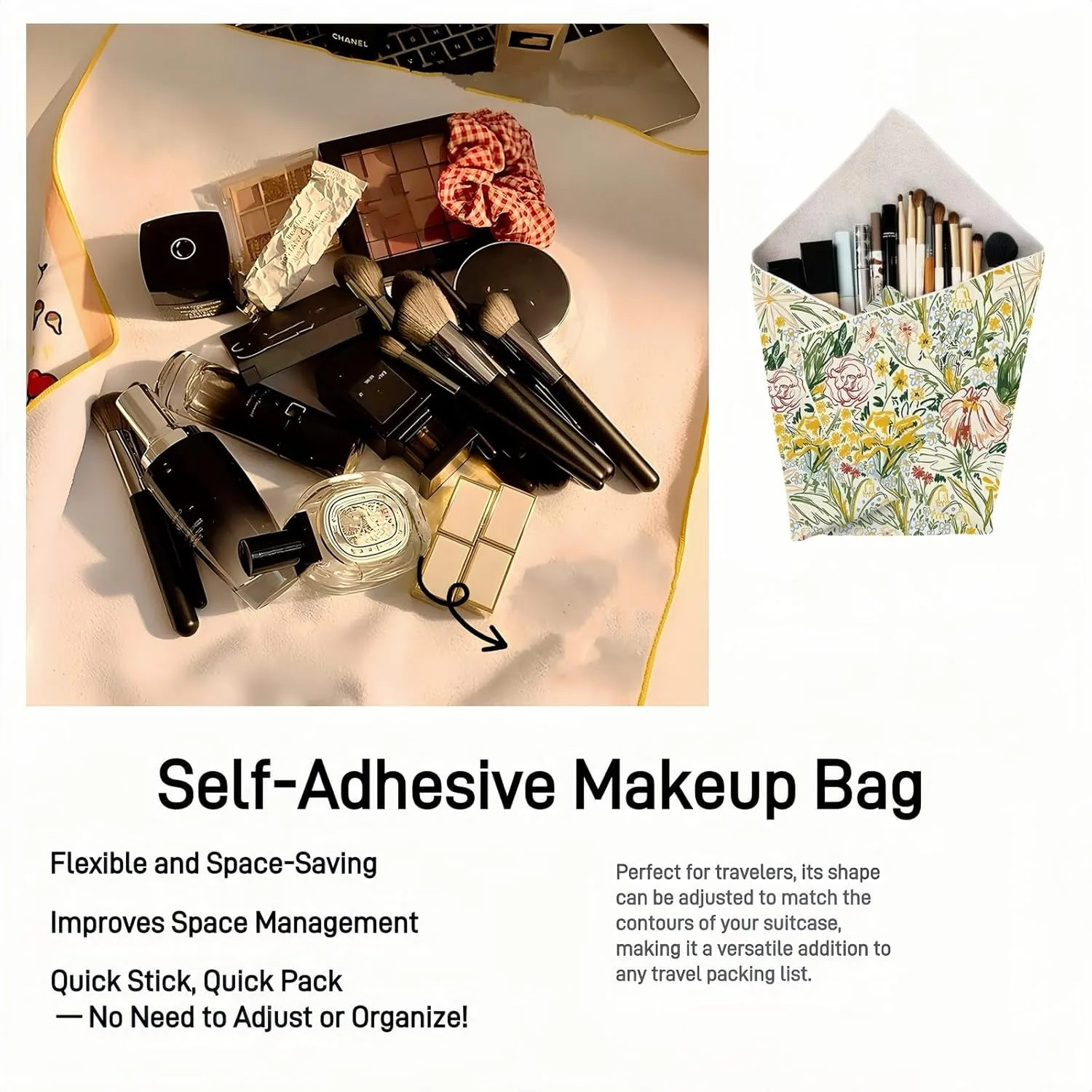 Foldable Magic Wrap Travel Makeup Bag: Lay Flat, Expandable, Soft & Washable Magic Self-Adhesive Cloth for Cosmetics，3pcs Pack