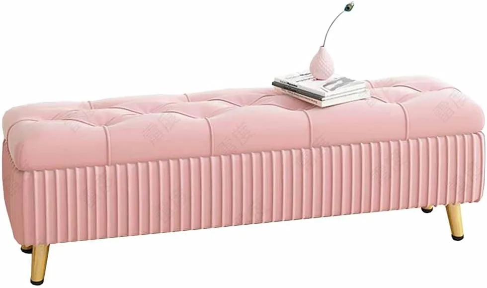 Folding Storage Household Shoe Changing Stool Flannel Tufted Bedroom Bed end Stool Flip Toy Box with Metal Non-Slip feet Bearing 330lbs 80x40x45cm(Color:Pink)