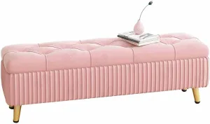 Folding Storage Household Shoe Changing Stool Flannel Tufted Bedroom Bed end Stool Flip Toy Box with Metal Non-Slip feet Bearing 330lbs 80x40x45cm(Color:Pink)