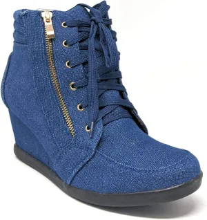 Forever Link Kaipo-88 Women's Fashion Round Toe Lace Up Hidden Wedge Sneaker Booties (BLU_JEAN-56, Numeric_7)