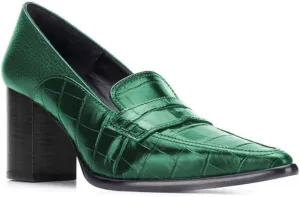 FOWT Ladies Chic Crocodile Loafers High Block Heel Slip On Pumps Woman Patchwork Textured Shoes for Meeting Career and Office Size US 4-16