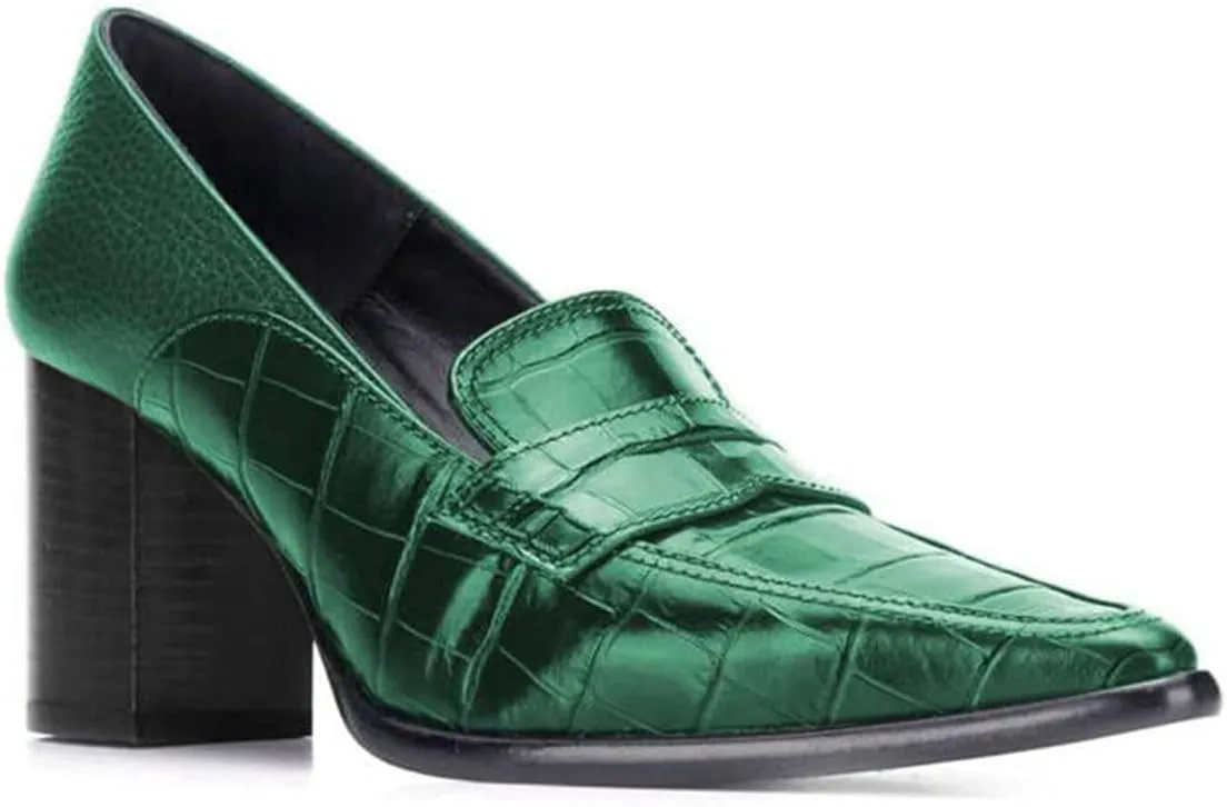 FOWT Ladies Chic Crocodile Loafers High Block Heel Slip On Pumps Woman Patchwork Textured Shoes for Meeting Career and Office Size US 4-16
