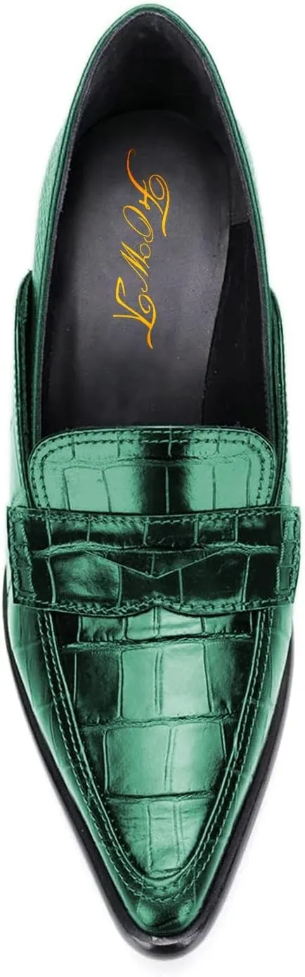 FOWT Ladies Chic Crocodile Loafers High Block Heel Slip On Pumps Woman Patchwork Textured Shoes for Meeting Career and Office Size US 4-16