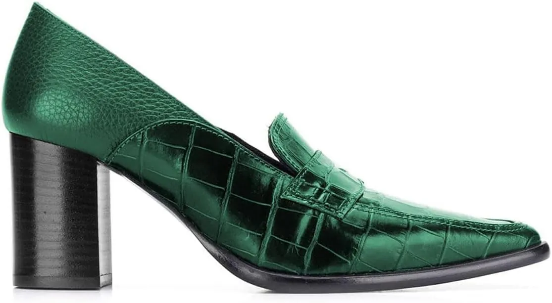FOWT Ladies Chic Crocodile Loafers High Block Heel Slip On Pumps Woman Patchwork Textured Shoes for Meeting Career and Office Size US 4-16