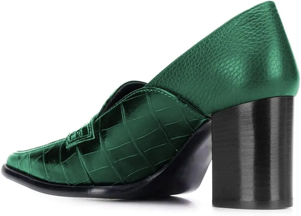 FOWT Ladies Chic Crocodile Loafers High Block Heel Slip On Pumps Woman Patchwork Textured Shoes for Meeting Career and Office Size US 4-16