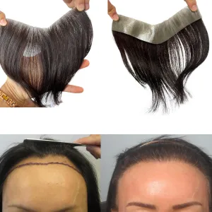 Frontal Hairpiece for Women Human Hair Extensions Forehead Hairline PU Skin Toppers Hair Replacement Toupee (1.18x6.69 Inch, 2 Dark Brown Color