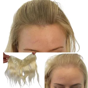 Frontal Hairpiece for Women Human Hair Extensions Forehead Hairline PU Skin Toppers Hair Replacement Toupee (1.57x7.08 Inch, #613 Blonde Color)