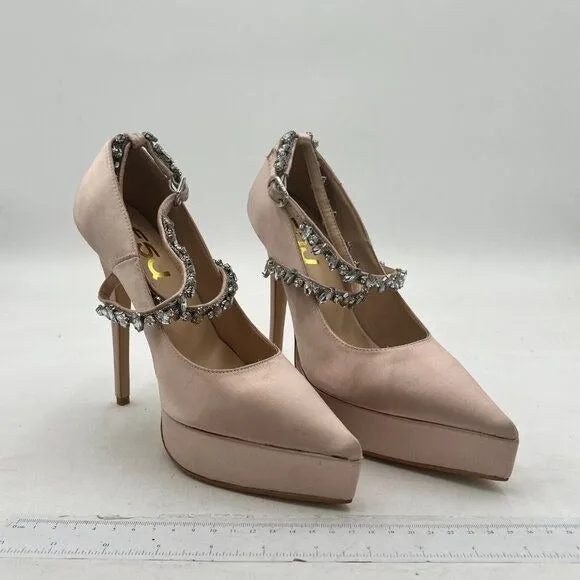 FSJ Light Pink Pointed Toe High Heel Platform Cross Rhinestone Ankle Strap Pumps