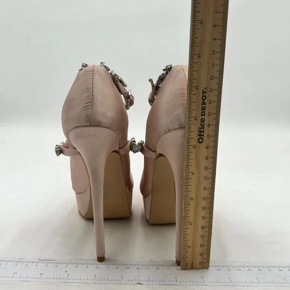 FSJ Light Pink Pointed Toe High Heel Platform Cross Rhinestone Ankle Strap Pumps