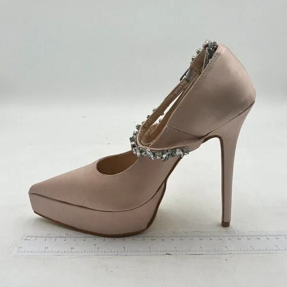 FSJ Light Pink Pointed Toe High Heel Platform Cross Rhinestone Ankle Strap Pumps