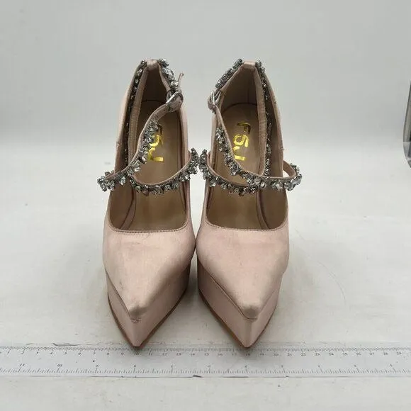 FSJ Light Pink Pointed Toe High Heel Platform Cross Rhinestone Ankle Strap Pumps