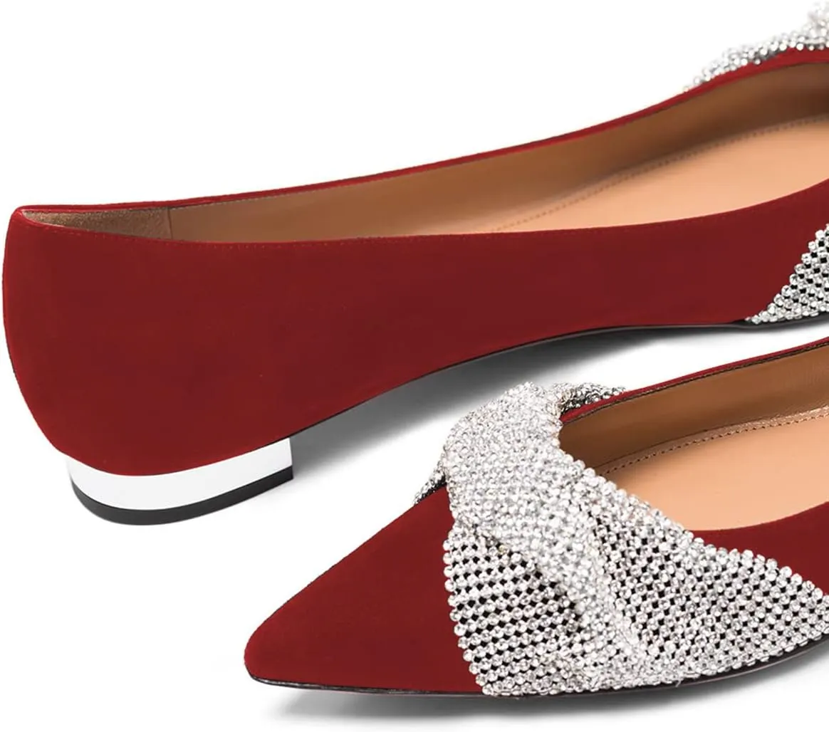 FSJ Women Classic Pointed Toe Rhinestone Sequins Bow Casual Slip on Faux Suede Comfort Low Thick Heel Walking Ballet Flat Shoes Size 4-15 US