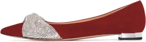 FSJ Women Classic Pointed Toe Rhinestone Sequins Bow Casual Slip on Faux Suede Comfort Low Thick Heel Walking Ballet Flat Shoes Size 4-15 US