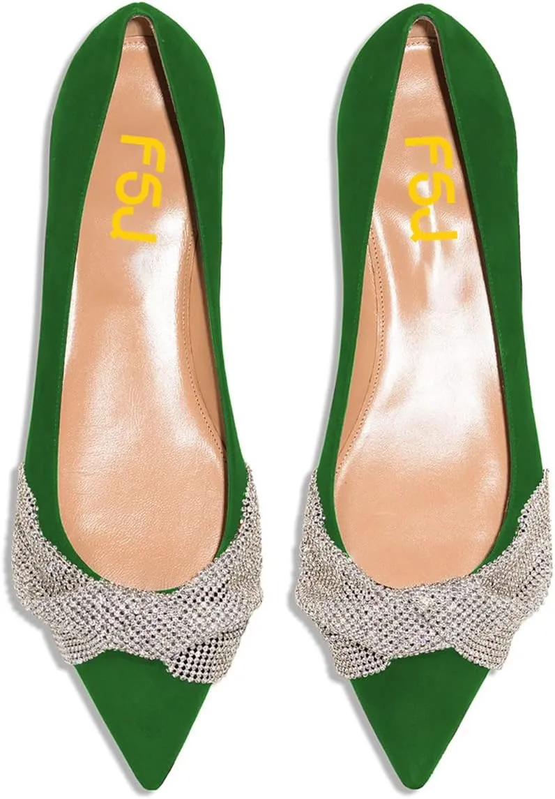 FSJ Women Classic Pointed Toe Rhinestone Sequins Bow Casual Slip on Faux Suede Comfort Low Thick Heel Walking Ballet Flat Shoes Size 4-15 US