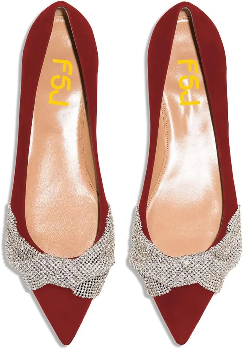 FSJ Women Classic Pointed Toe Rhinestone Sequins Bow Casual Slip on Faux Suede Comfort Low Thick Heel Walking Ballet Flat Shoes Size 4-15 US