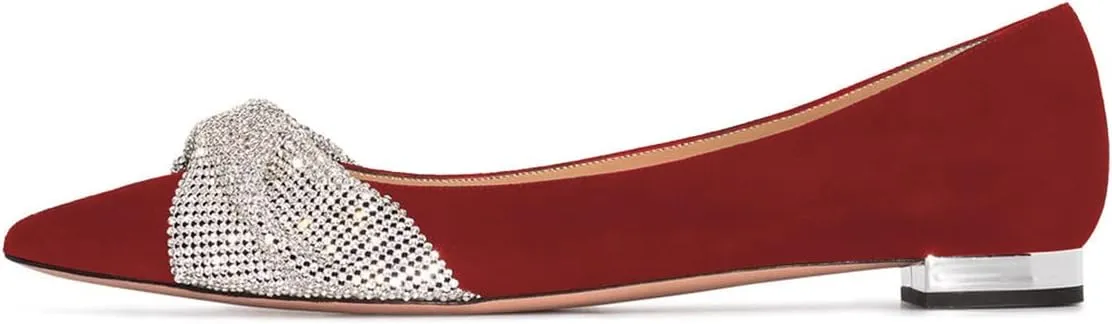 FSJ Women Classic Pointed Toe Rhinestone Sequins Bow Casual Slip on Faux Suede Comfort Low Thick Heel Walking Ballet Flat Shoes Size 4-15 US