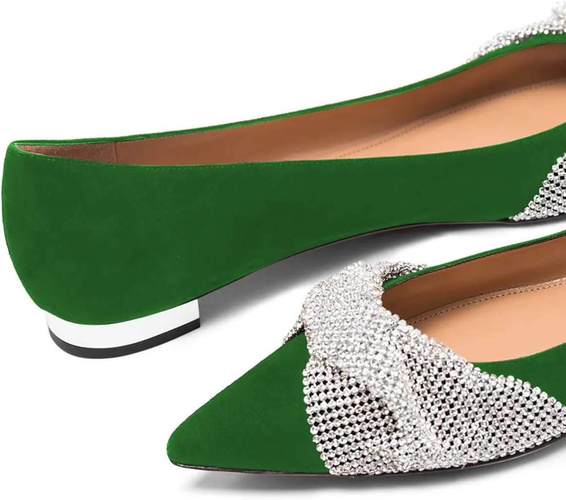 FSJ Women Classic Pointed Toe Rhinestone Sequins Bow Casual Slip on Faux Suede Comfort Low Thick Heel Walking Ballet Flat Shoes Size 4-15 US