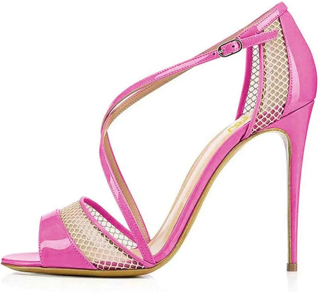 FSJ Women Graceful Open Toe Mesh Sandals High Heels Stilettos Strappy Slip on Crisscross Straps Shoes With Buckle Size 4-15 US