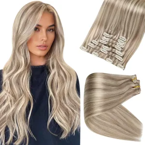Full Shine Ash Blonde Clip in Extensions Human Hair 22 Inch Pu Weft Real Hair Clip in Extensions Ash Blonde Highlights Platinum Blonde Silky Straight Remy Hair Extensions Clip ins 8 Pcs 120 g