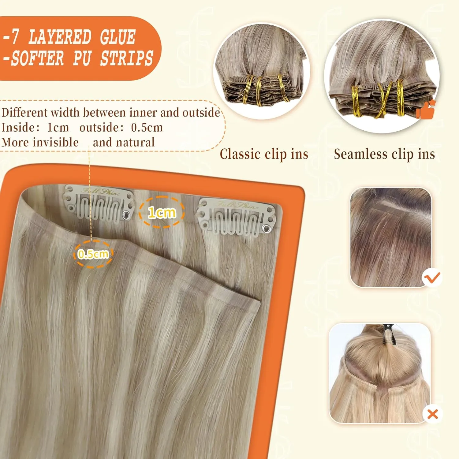 Full Shine Ash Blonde Clip in Extensions Human Hair 22 Inch Pu Weft Real Hair Clip in Extensions Ash Blonde Highlights Platinum Blonde Silky Straight Remy Hair Extensions Clip ins 8 Pcs 120 g