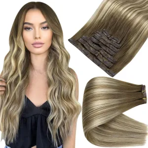 Full Shine Clip in Extensions Brown Balayage Seamless Clip in Hair Extensions Human Hair Chestnut Brown Balayage Platinum Blonde Real Hair Extensions Clip in Human Hair 18 Inch 8 Pcs 120 g