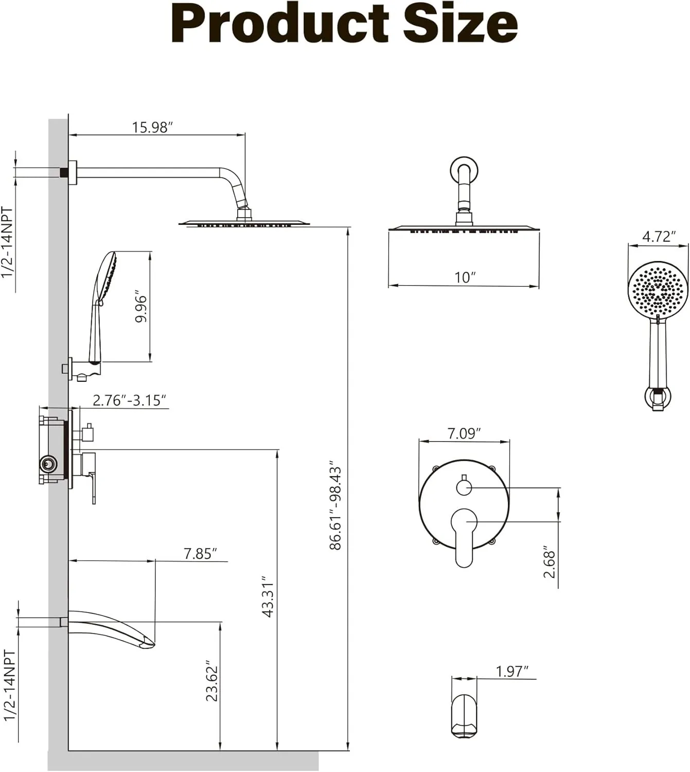 Gabrylly Shower System with Tub Spout, Bathtub Shower Faucet Set with 10" Rain Shower head and 5-Setting Handheld Shower, Wall Mounted Shower Fixtures with Pressure Balance Shower Valve, Brushed Gold