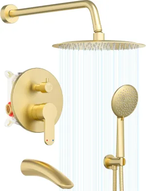 Gabrylly Shower System with Tub Spout, Bathtub Shower Faucet Set with 10" Rain Shower head and 5-Setting Handheld Shower, Wall Mounted Shower Fixtures with Pressure Balance Shower Valve, Brushed Gold