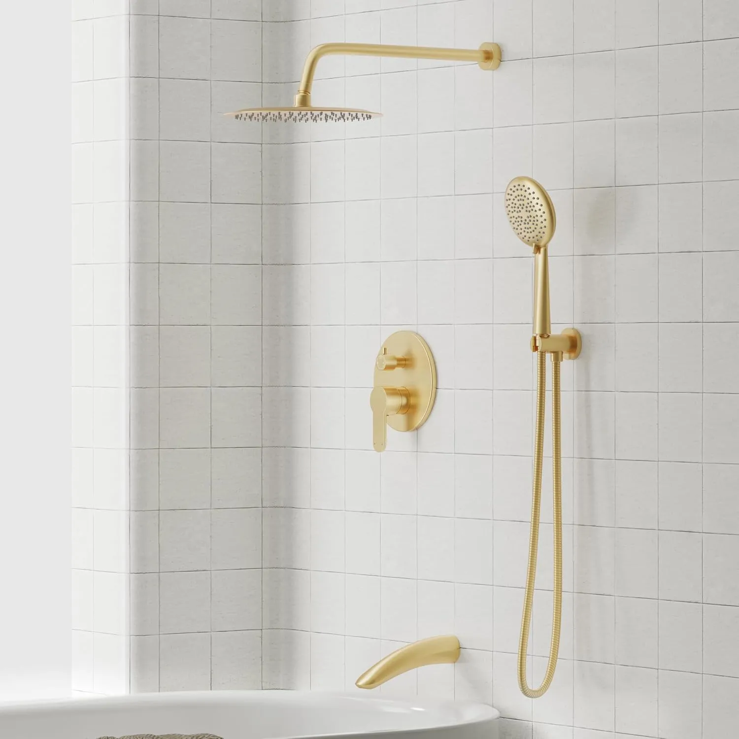Gabrylly Shower System with Tub Spout, Bathtub Shower Faucet Set with 10" Rain Shower head and 5-Setting Handheld Shower, Wall Mounted Shower Fixtures with Pressure Balance Shower Valve, Brushed Gold