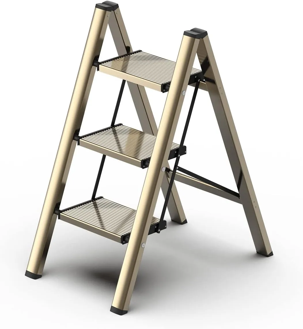 GameGem 3 Step Ladder, Aluminum Folding Step Stool with Anti-Slip Sturdy and Wide Pedal, Lightweight Portable Stepladder for Home and Kitchen Use Space Saving, Gold, 330 lbs
