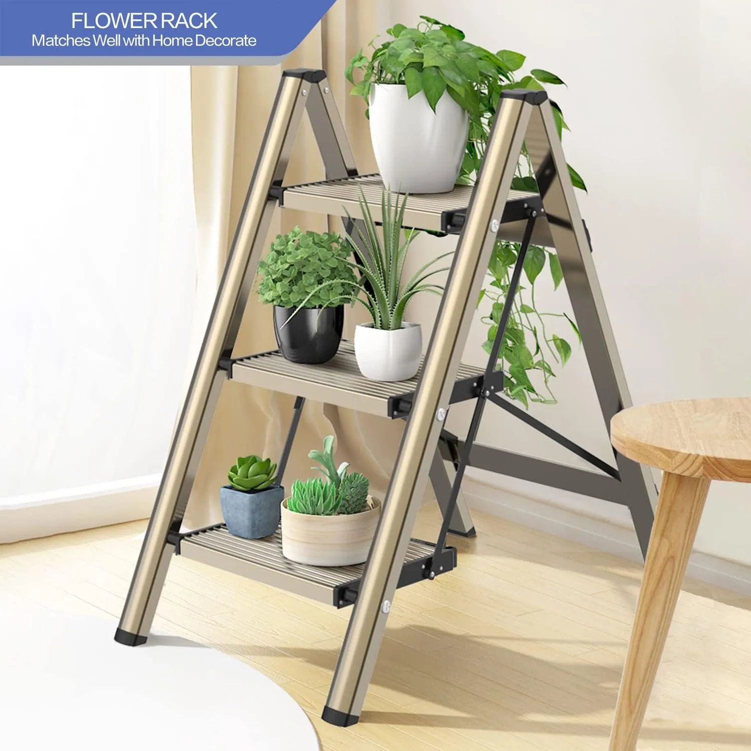 GameGem 3 Step Ladder, Aluminum Folding Step Stool with Anti-Slip Sturdy and Wide Pedal, Lightweight Portable Stepladder for Home and Kitchen Use Space Saving, Gold, 330 lbs