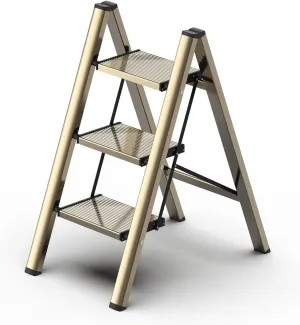 GameGem 3 Step Ladder, Aluminum Folding Step Stool with Anti-Slip Sturdy and Wide Pedal, Lightweight Portable Stepladder for Home and Kitchen Use Space Saving, Gold, 330 lbs