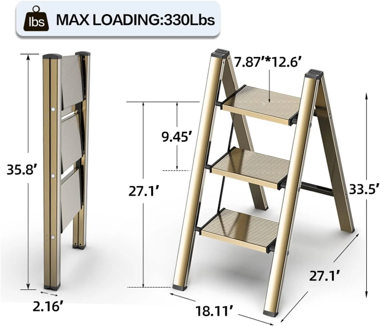 GameGem 3 Step Ladder, Aluminum Folding Step Stool with Anti-Slip Sturdy and Wide Pedal, Lightweight Portable Stepladder for Home and Kitchen Use Space Saving, Gold, 330 lbs
