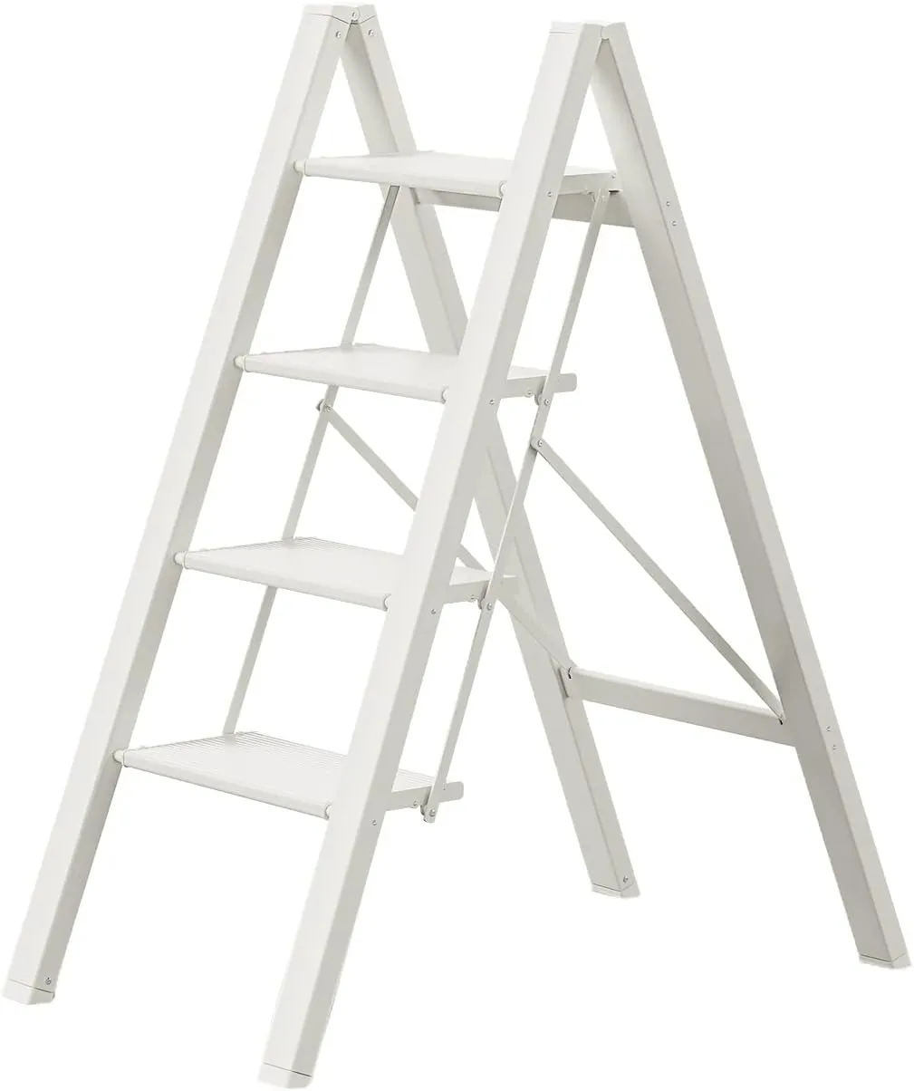 GameGem 4 Step Ladder, Aluminum Folding Step Stool with Anti-Slip Sturdy and Wide Pedal, Lightweight Portable Stepladder for Home and Kitchen Use, Cream White, 330 lbs