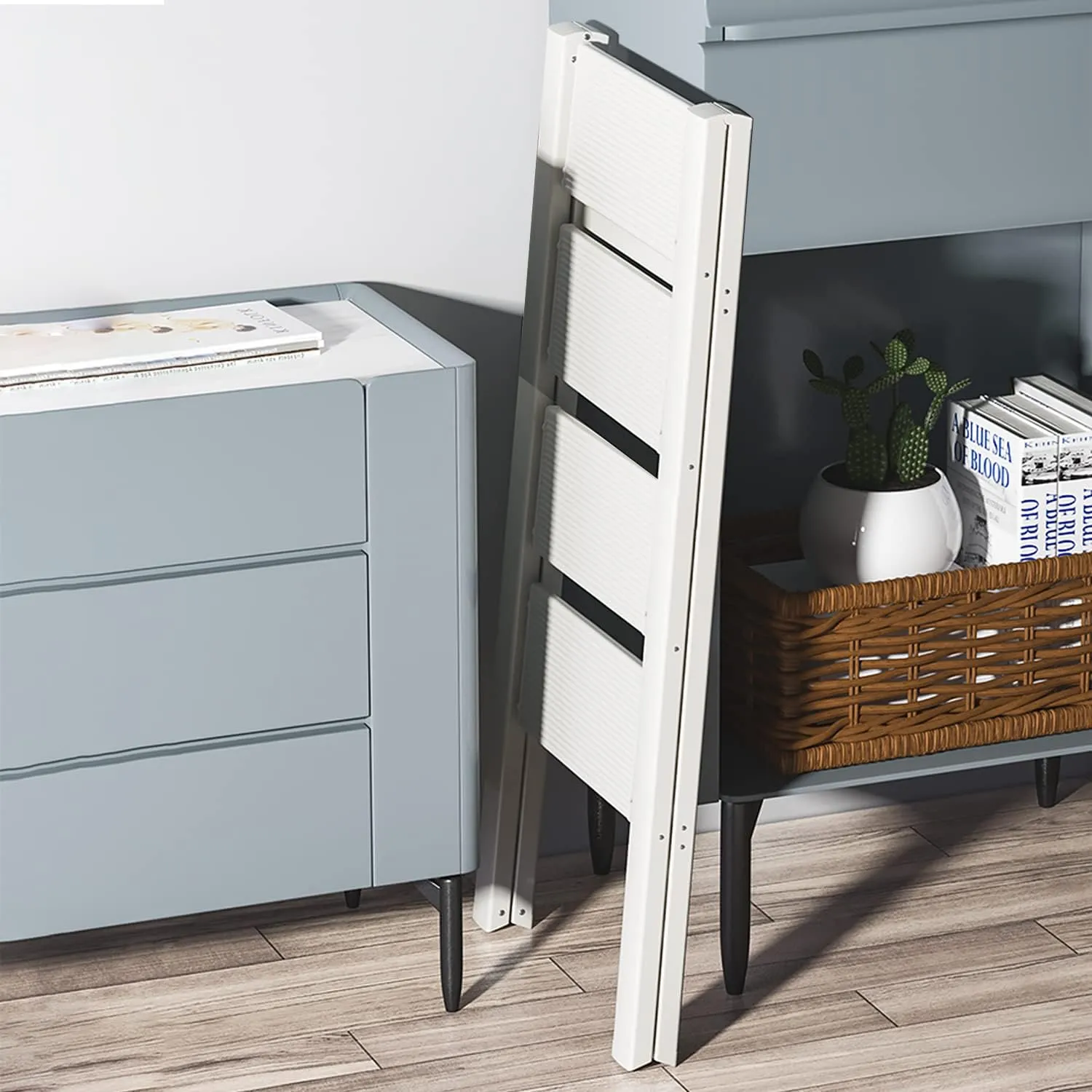 GameGem 4 Step Ladder, Aluminum Folding Step Stool with Anti-Slip Sturdy and Wide Pedal, Lightweight Portable Stepladder for Home and Kitchen Use, Cream White, 330 lbs
