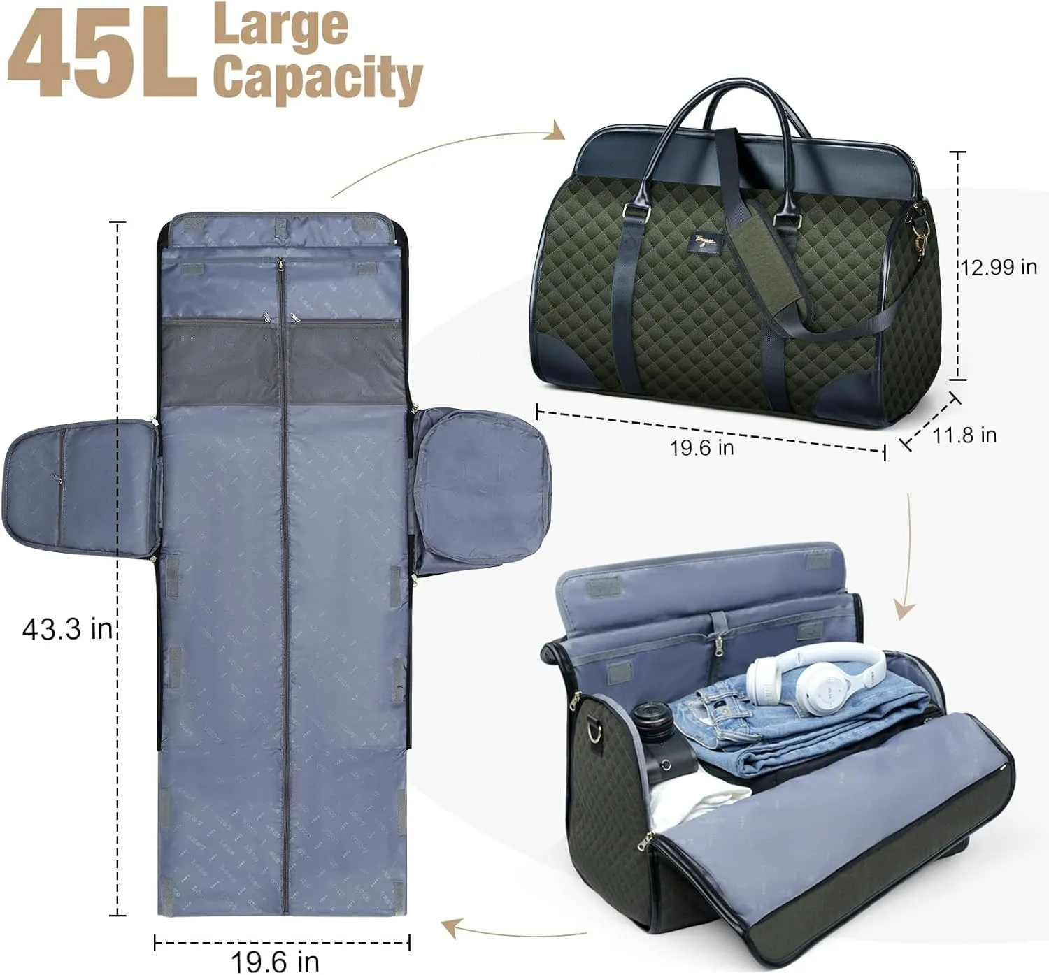Garment Bag for Travel, 3 in 1 Convertible Jenni Bag Roomy Design Duffle Suit Bags with Water-Resistant Shoe Pouch, Overnight Halfday Weekender Bags for Women Hanging Clothes