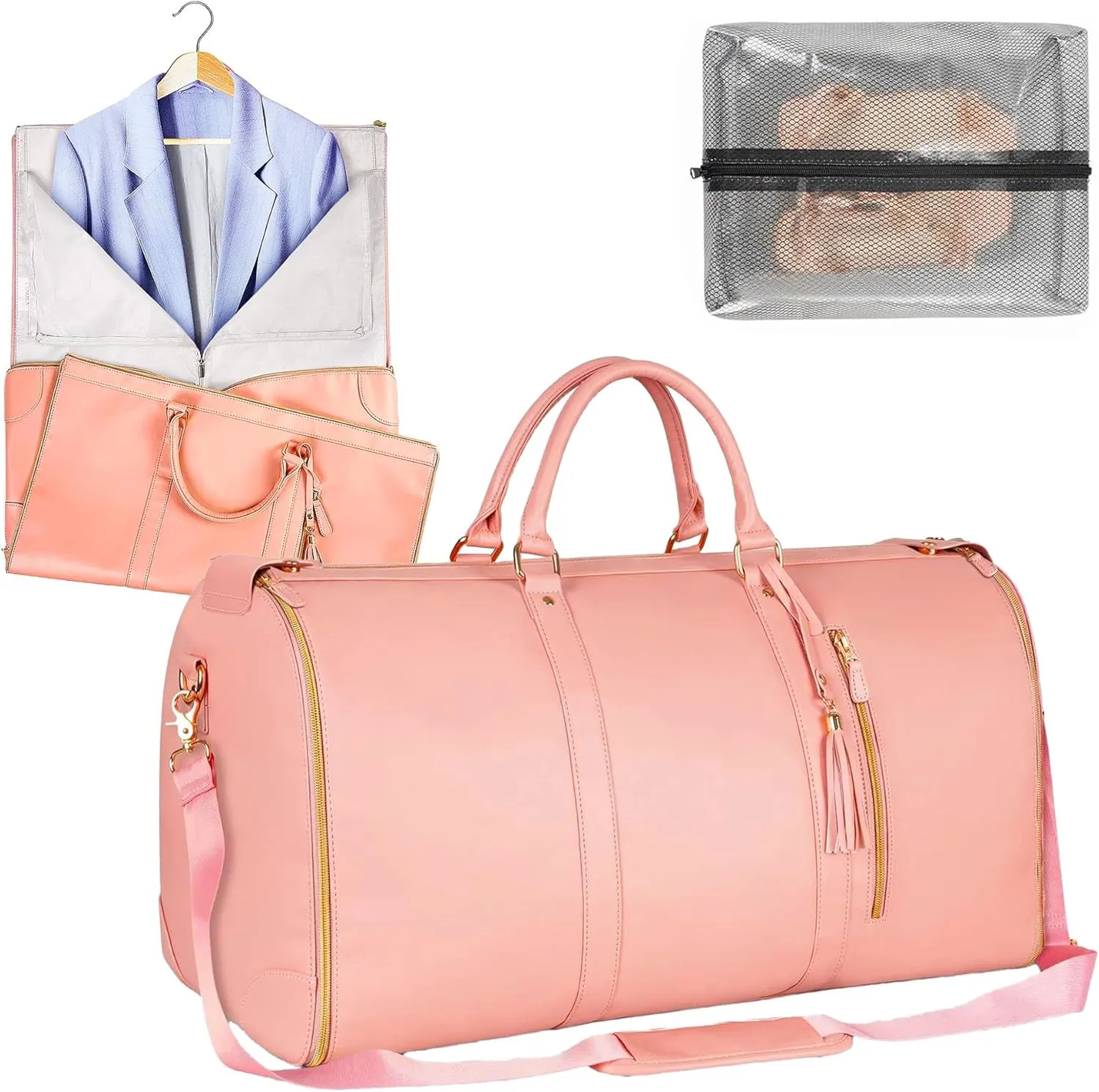 Garment Duffle Bags for Travel, Convertible Cloth Luxe Mega Bag with Shoe Pouch, 2 in 1 Waterproof Travel Suit Bag with Shoulder Strap for Men Women(Pink)