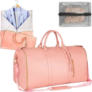 Garment Duffle Bags for Travel, Convertible Cloth Luxe Mega Bag with Shoe Pouch, 2 in 1 Waterproof Travel Suit Bag with Shoulder Strap for Men Women(Pink)