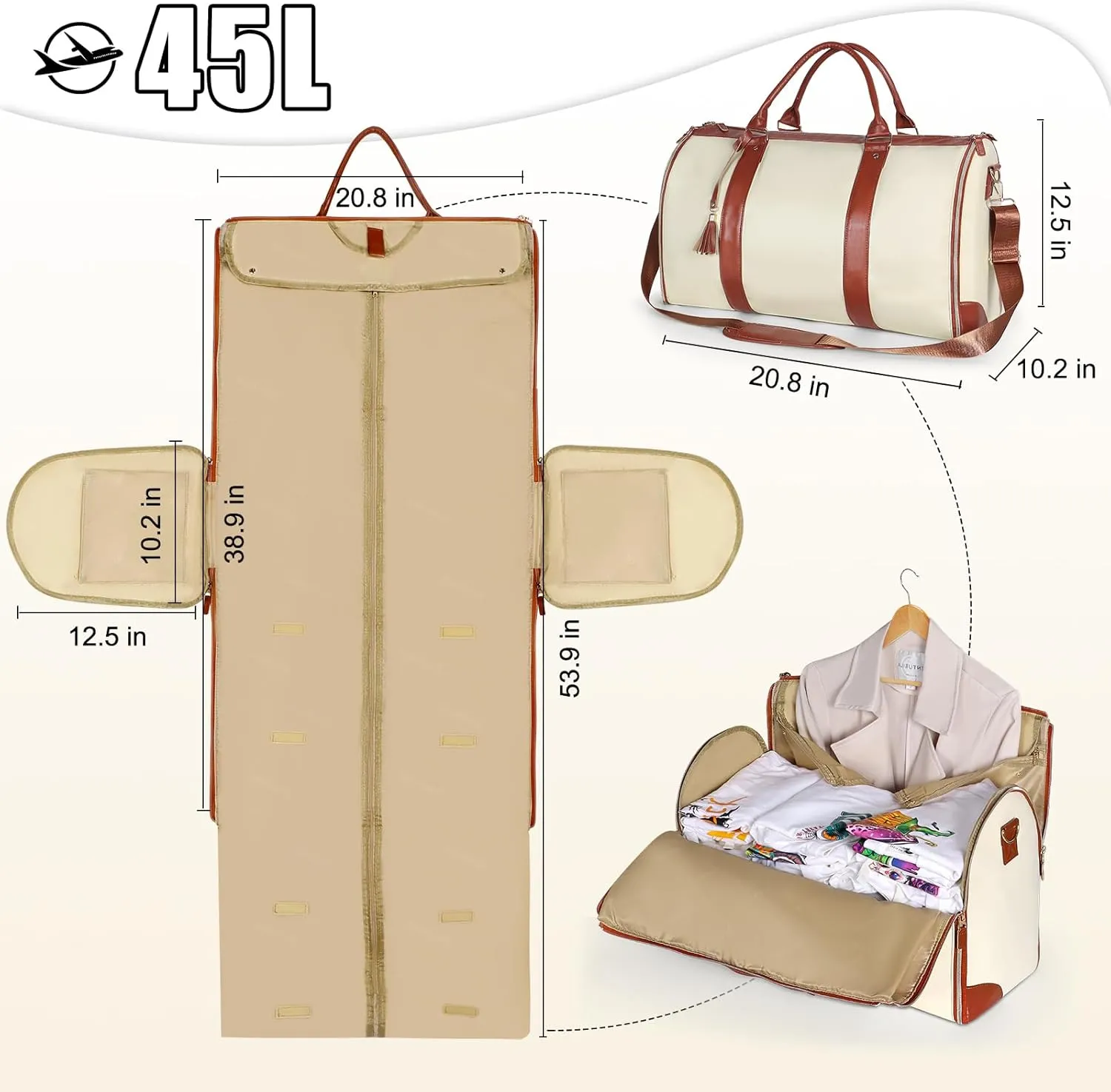Geestock Garment Bags for Travel, PU Leather Carry On Garment Duffle Bag for Women with Shoe Pouch, 2 in 1 Convertible Suit Travel Bag (Beige)