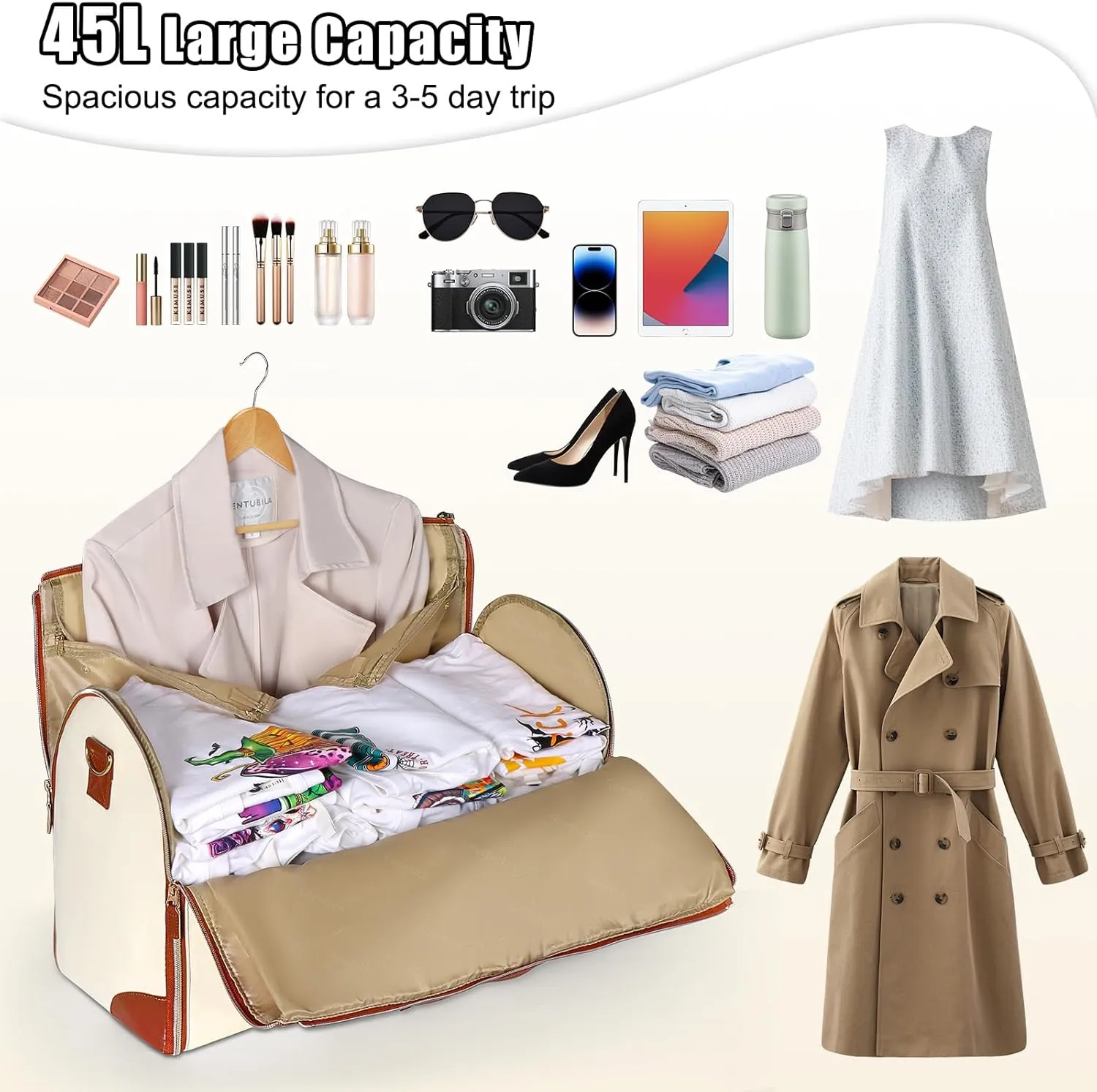 Geestock Garment Bags for Travel, PU Leather Carry On Garment Duffle Bag for Women with Shoe Pouch, 2 in 1 Convertible Suit Travel Bag (Beige)